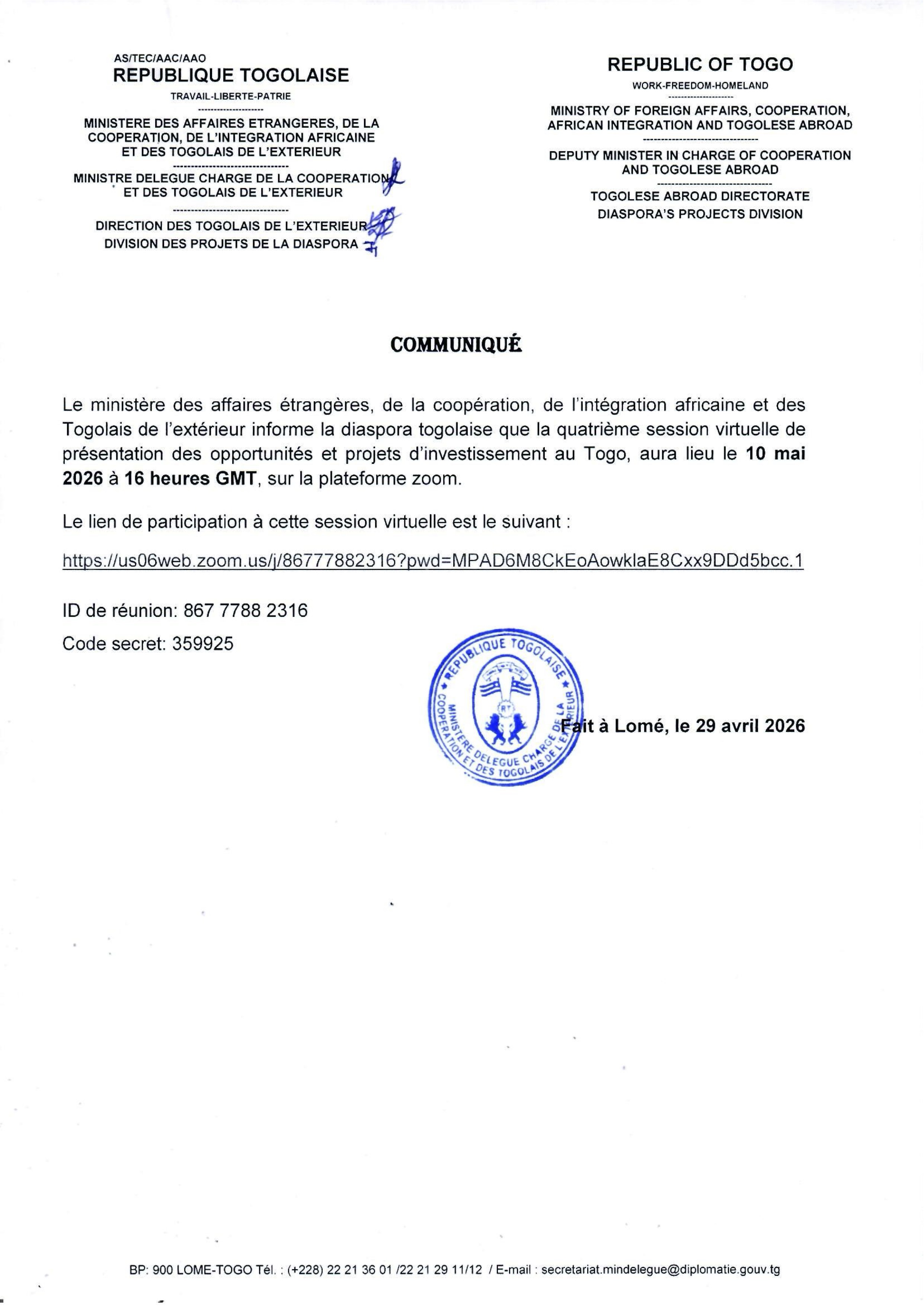 🇹🇬 WEBINAIRE SAMEDI 10 MAI 2026 🇹🇬